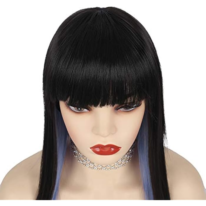DILLARDS Swiking Black Mix Blue Bob Short Straight Wig With Bangs For Women Natural Flat Bangs Synthetic Fiber Hair Heat Resistant For Daily Cosplay Party Wear - Image 3